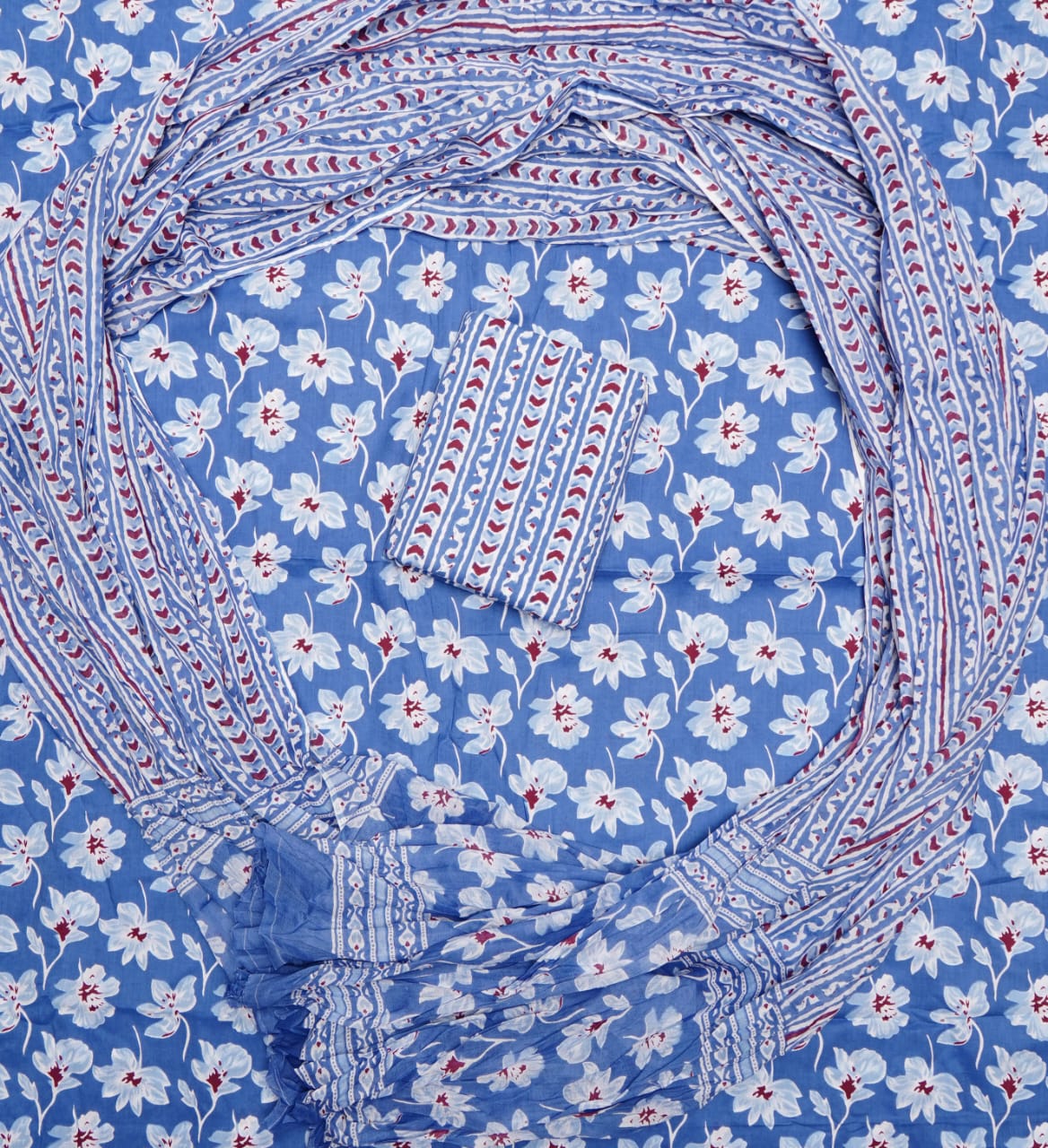 Hand Printed Unstiched Cotton Suit With Mulmul Dupatta