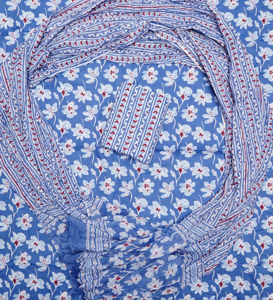 Hand Printed Unstiched Cotton Suit With Mulmul Dupatta