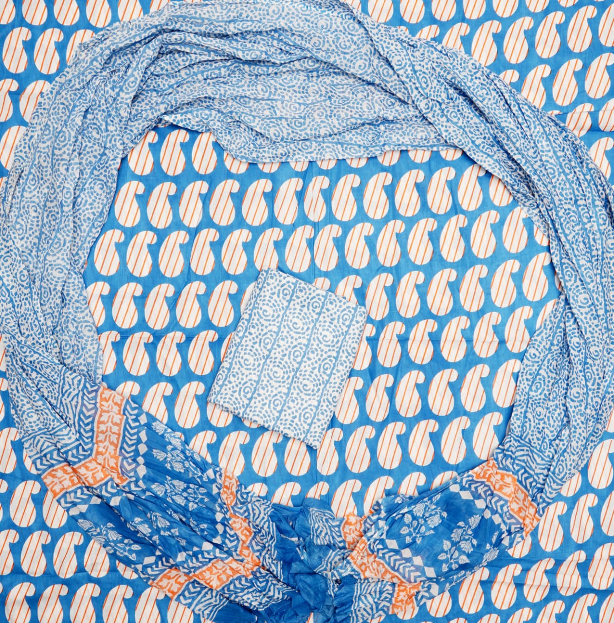 Hand Printed Unstiched Cotton Suit With Mulmul Dupatta