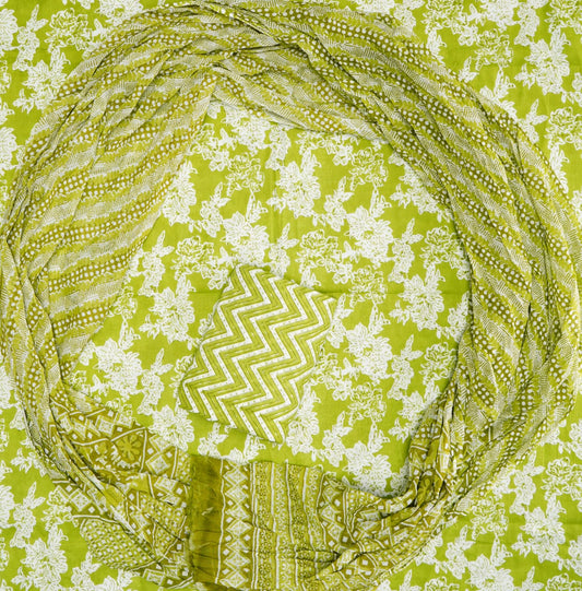 Hand Printed Unstiched Cotton Suit With Mulmul Dupatta