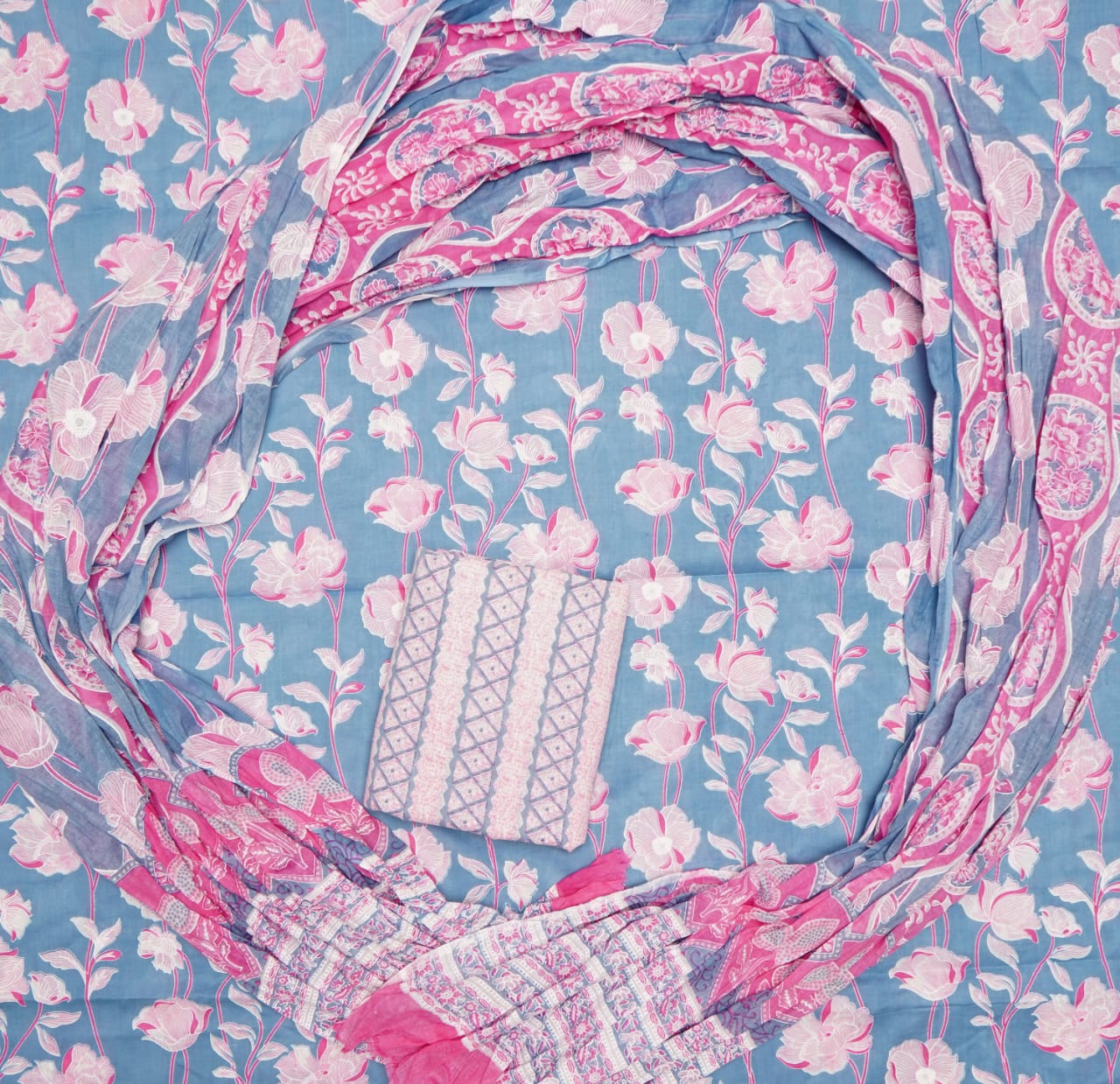 Hand Printed Unstiched Cotton Suit With Mulmul Dupatta Set