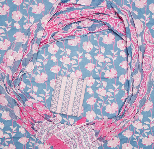 Hand Printed Unstiched Cotton Suit With Mulmul Dupatta Set