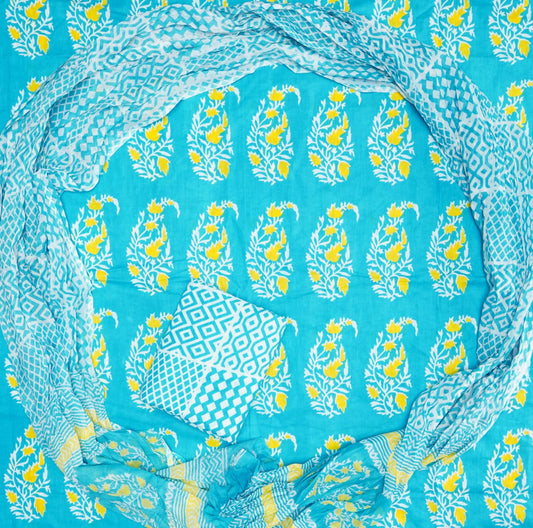 Hand Printed Unstiched Cotton Suit With Mulmul Dupatta