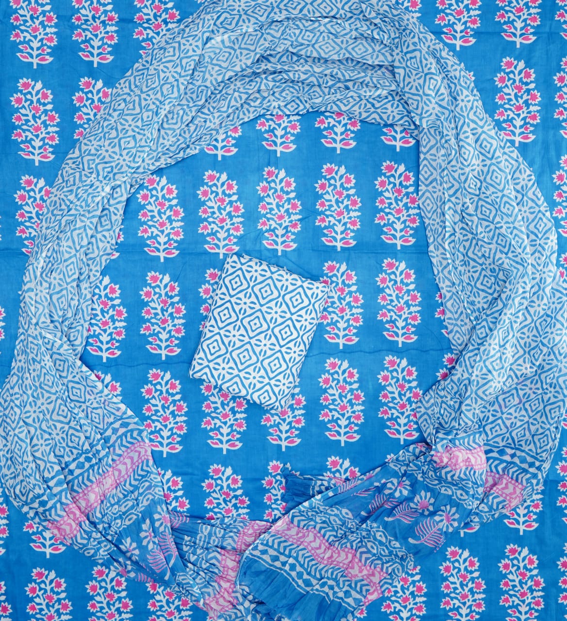 Hand Printed Unstiched Cotton Suit With Mulmul Dupatta