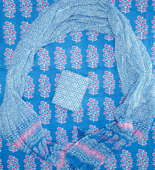 Hand Printed Unstiched Cotton Suit With Mulmul Dupatta