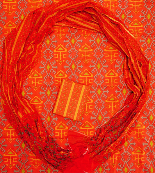 Hand Printed Unstiched Cotton Suit With Mulmul Dupatta