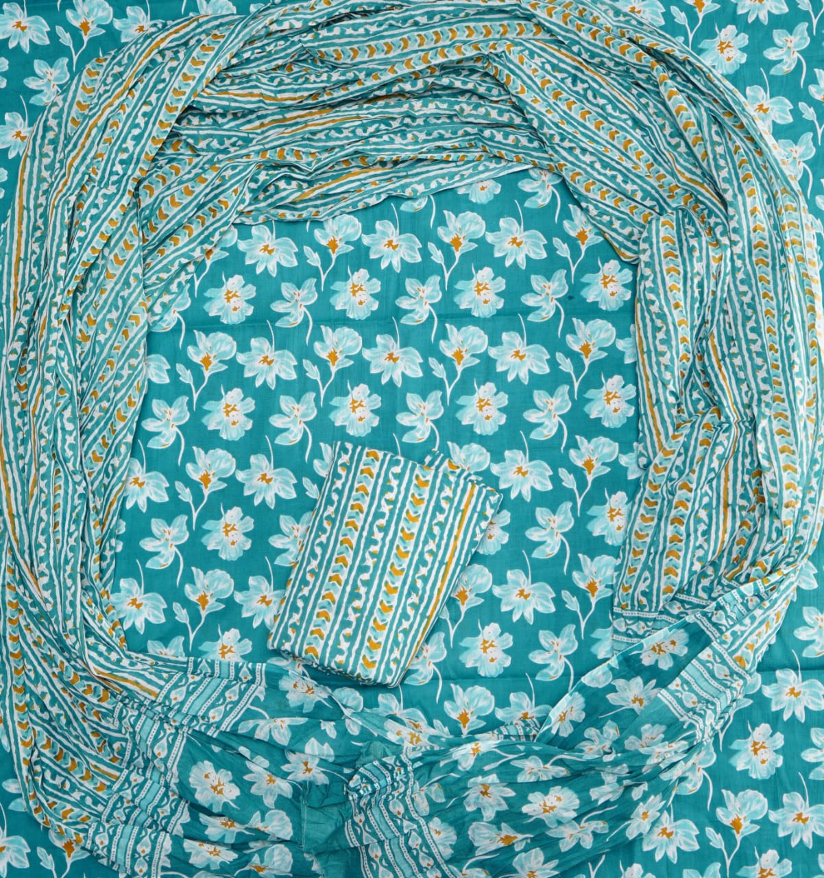 Hand Printed Unstiched Cotton Suit With Mulmul Dupatta