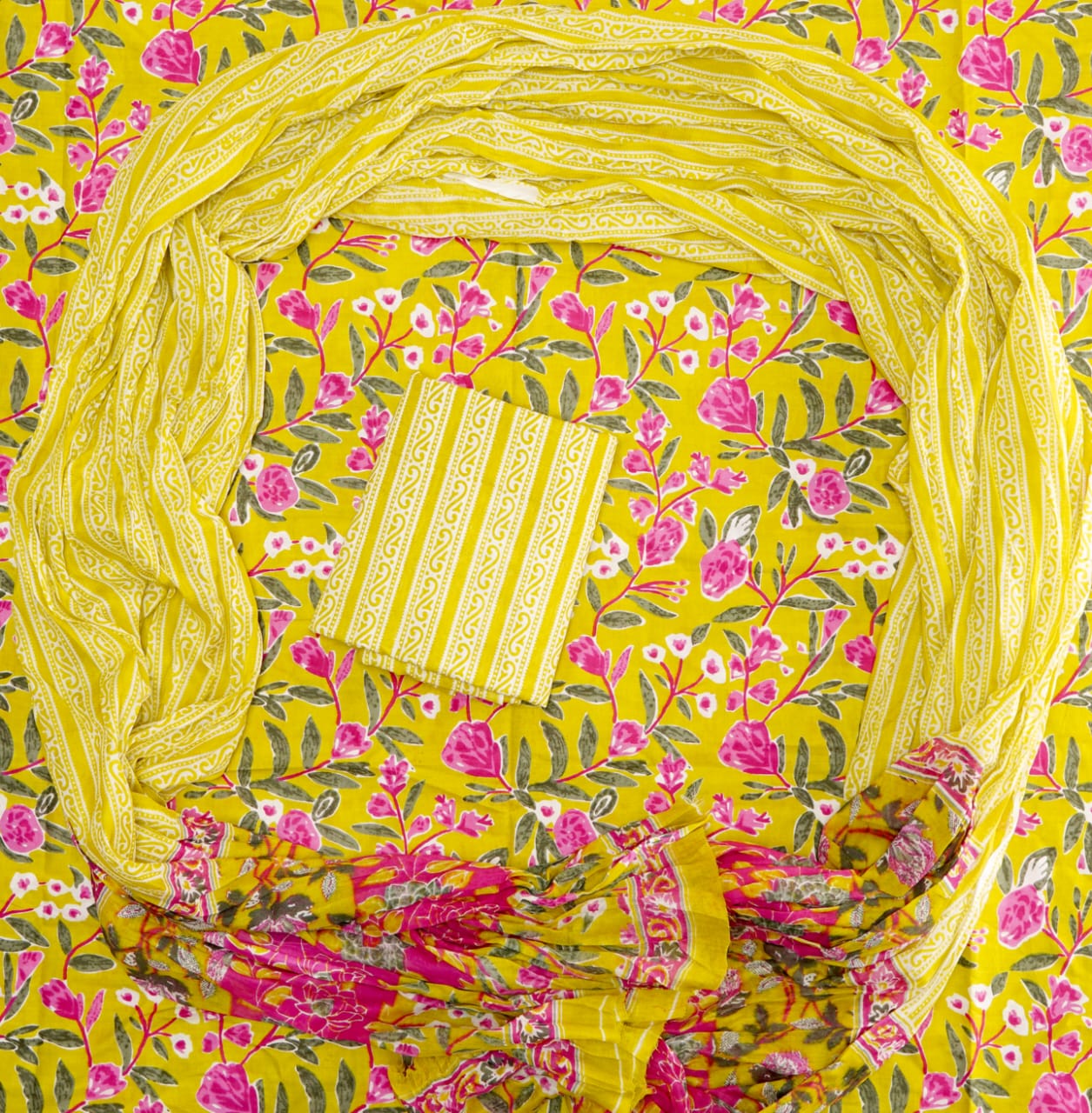 Hand Printed Unstiched Cotton Suit With Mulmul Dupatta