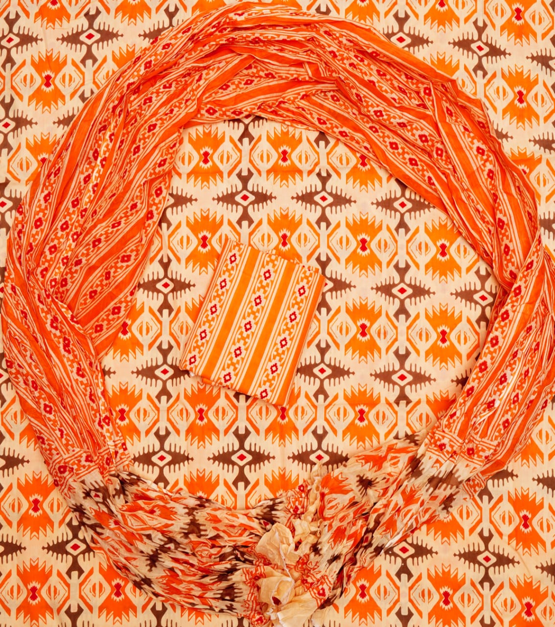 Hand Printed Unstiched Cotton Suit With Mulmul Dupatta