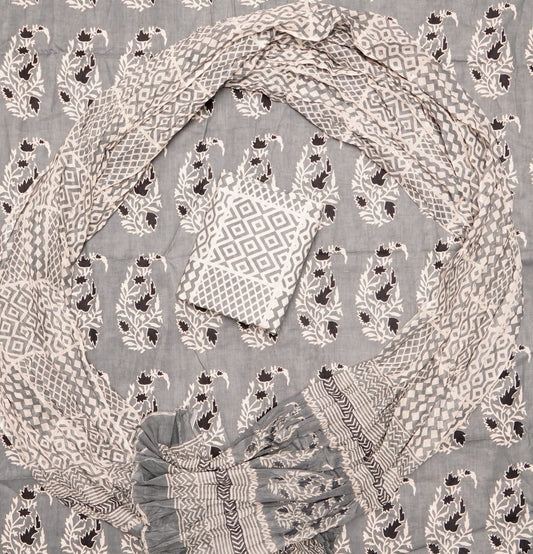 Hand Printed Unstiched Cotton Suit With Mulmul Dupatta