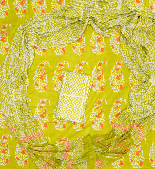 Hand Printed Unstiched Cotton Suit With Mulmul Dupatta