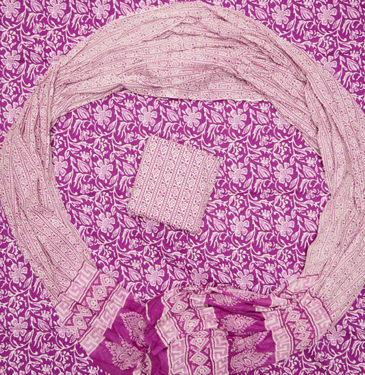 Hand Printed Unstiched Cotton Suit With Mulmul Dupatta Set