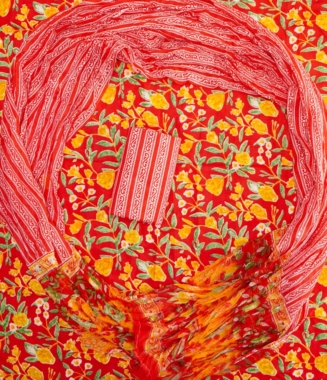 Hand Printed Unstiched Cotton Suit With Mulmul Dupatta