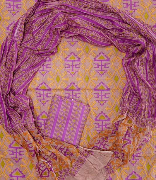 Hand Printed Unstiched Cotton Suit With Mulmul Dupatta