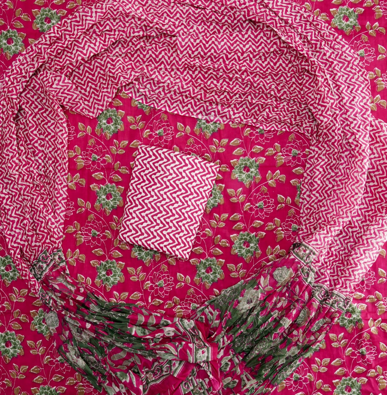 Hand Printed Unstiched Cotton Suit With Mulmul Dupatta