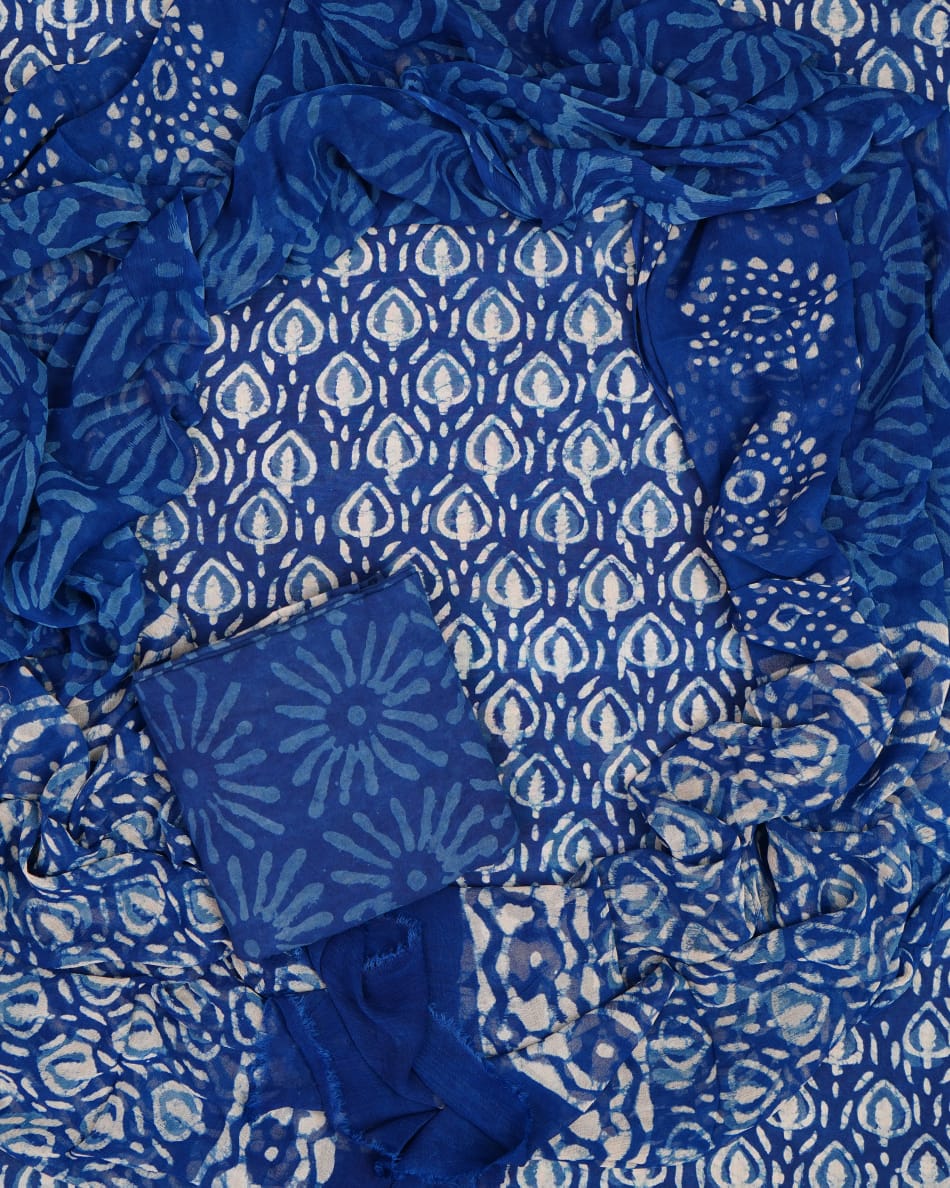 Hand Block Printed Pure Cotton Unstitched Suit With Chiffon Dupatta