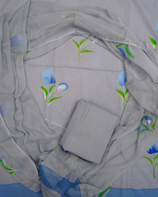Hand Printed Pure Cotton Unstitched Suit With Chiffon Dupatta