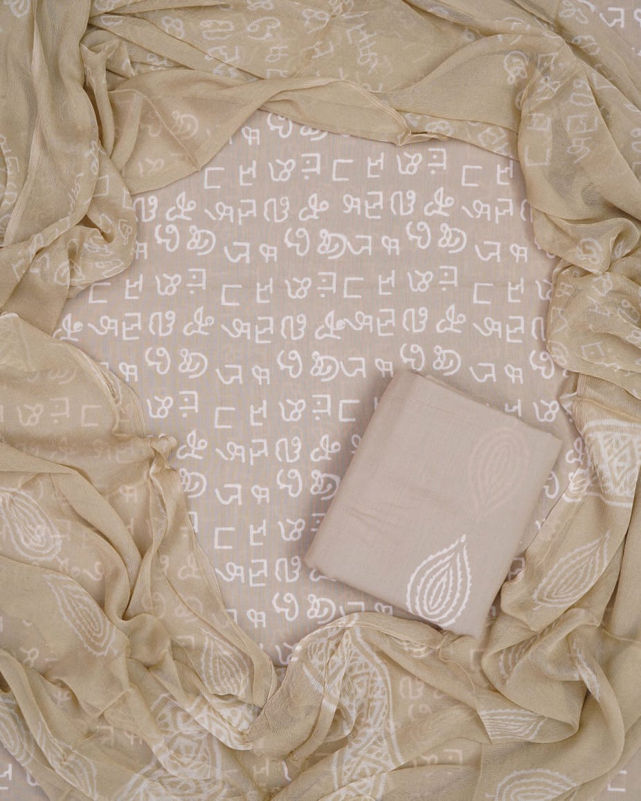 Hand Block Printed Pure Cotton Unstitched Suit With Chiffon Dupatta