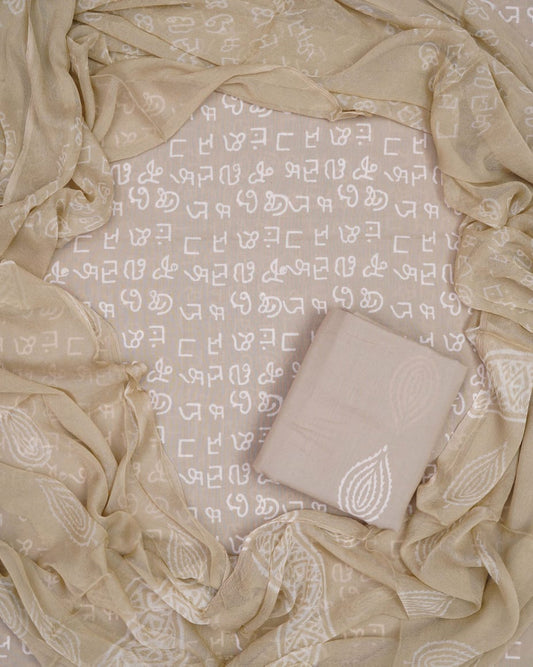 Hand Block Printed Pure Cotton Unstitched Suit With Chiffon Dupatta