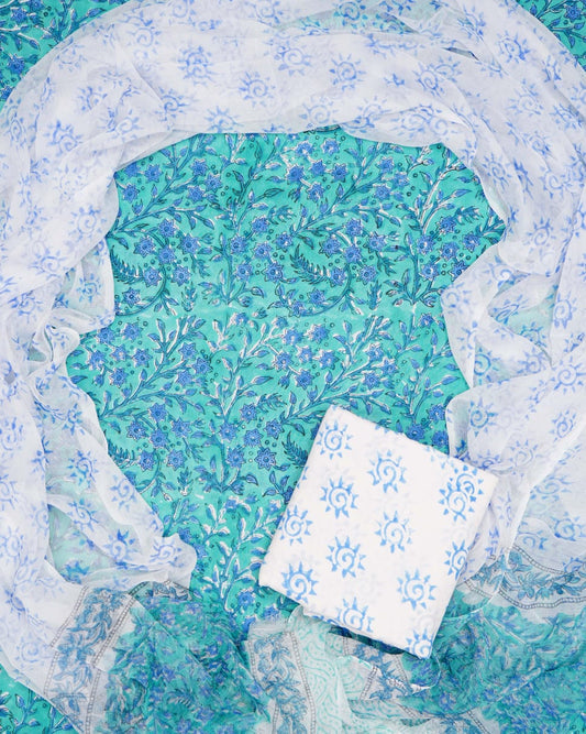 Hand Block Printed Pure Cotton Unstitched Suit With Chiffon Dupatta
