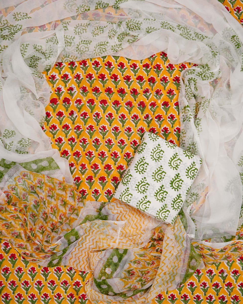 Hand Block Printed Pure Cotton Unstitched Suit With Chiffon Dupatta