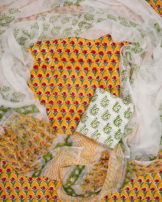 Hand Block Printed Pure Cotton Unstitched Suit With Chiffon Dupatta