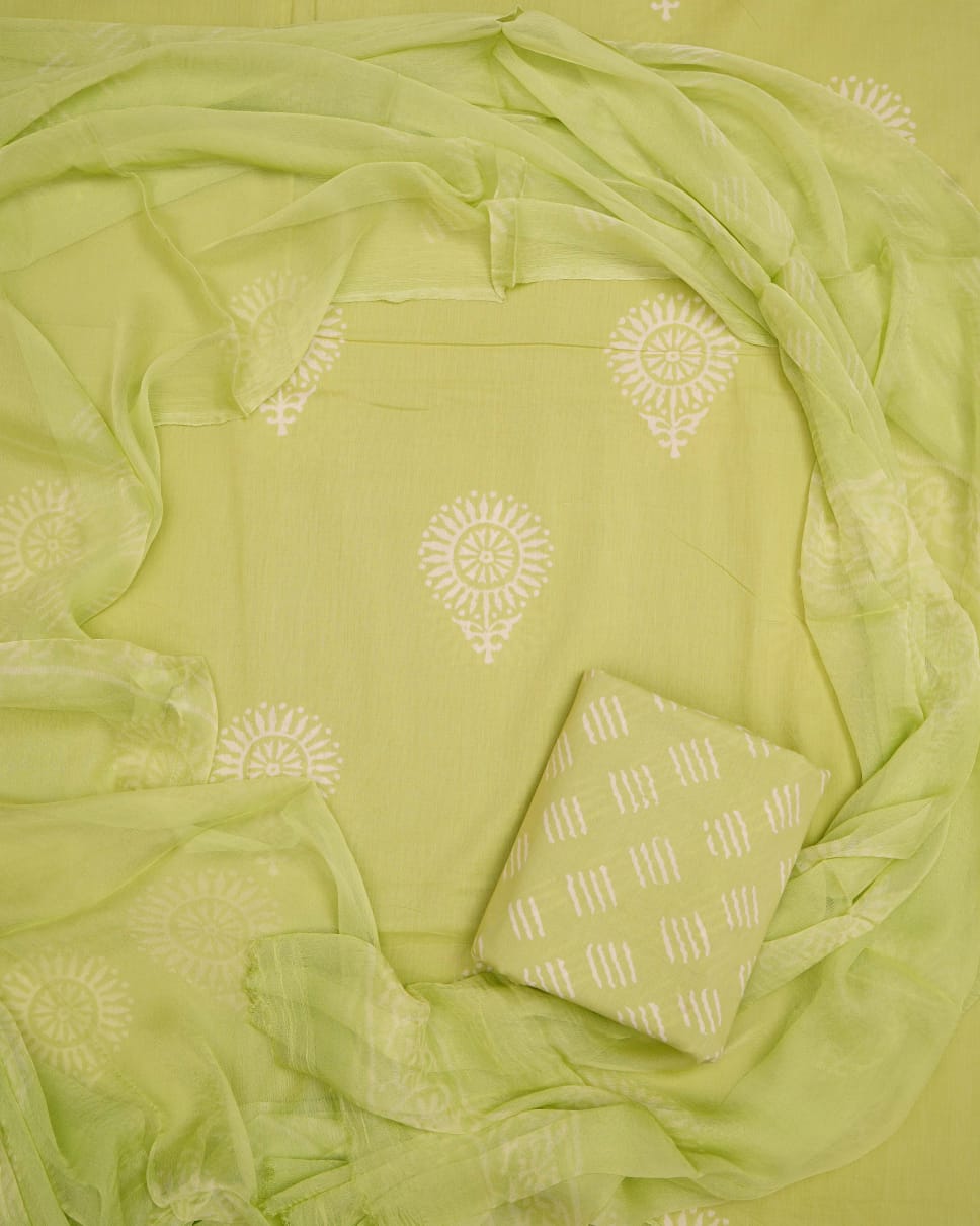 Hand Block Printed Pure Cotton Unstitched Suit With Chiffon Dupatta