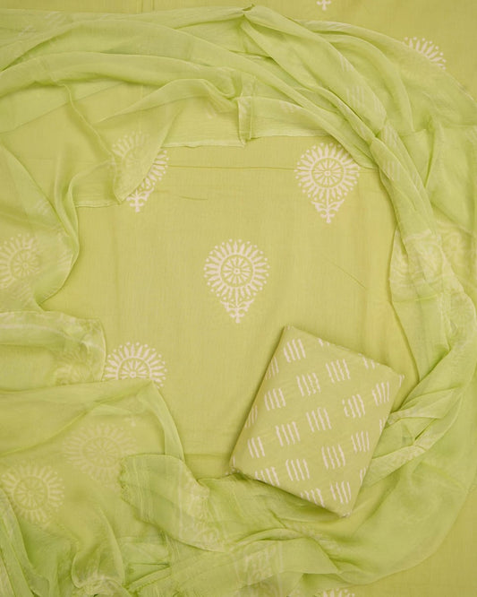 Hand Block Printed Pure Cotton Unstitched Suit With Chiffon Dupatta