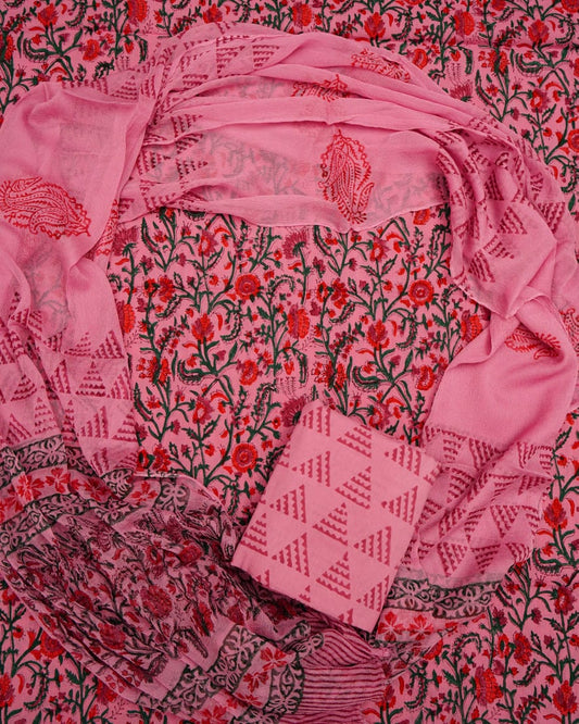 Hand Block Printed Pure Cotton Unstitched Suit With Chiffon Dupatta