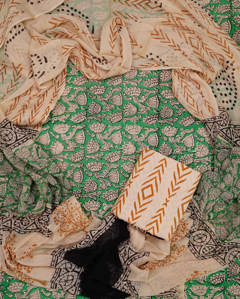Hand Block Printed Pure Cotton Unstitched Suit With Chiffon Dupatta