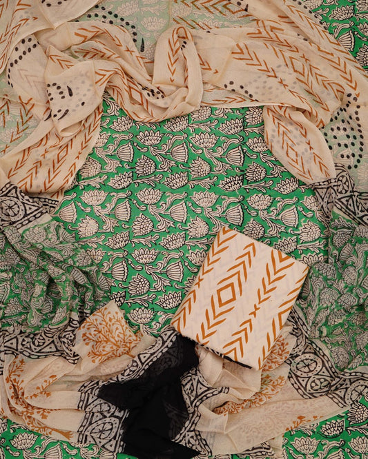 Hand Block Printed Pure Cotton Unstitched Suit With Chiffon Dupatta