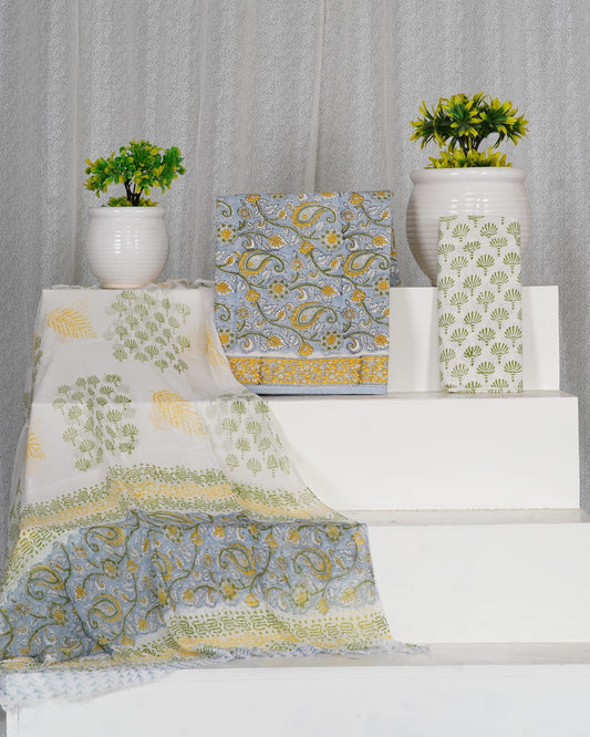 Hand Block Printed Pure Cotton Unstitched Suit With Chiffon Dupatta