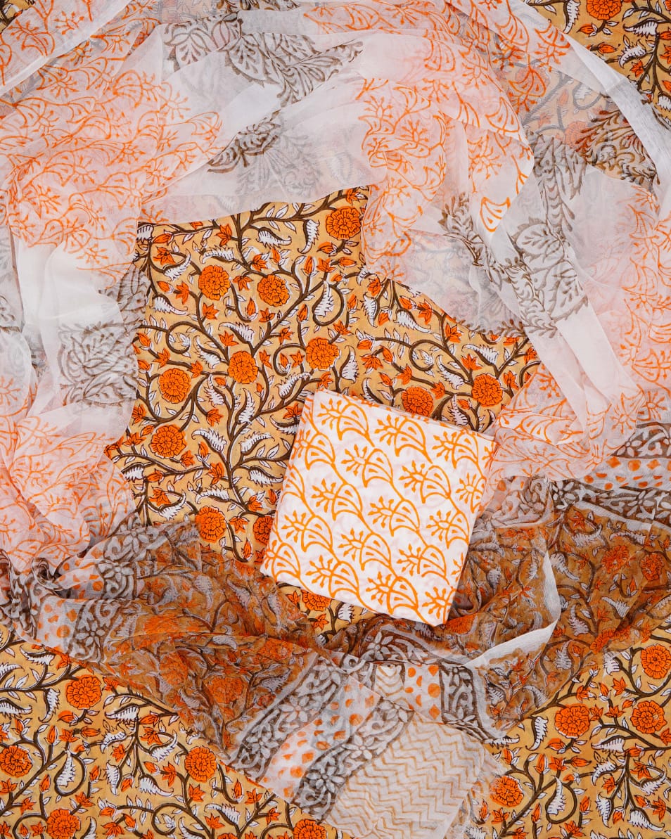 Hand Block Printed Pure Cotton Unstitched Suit With Chiffon Dupatta
