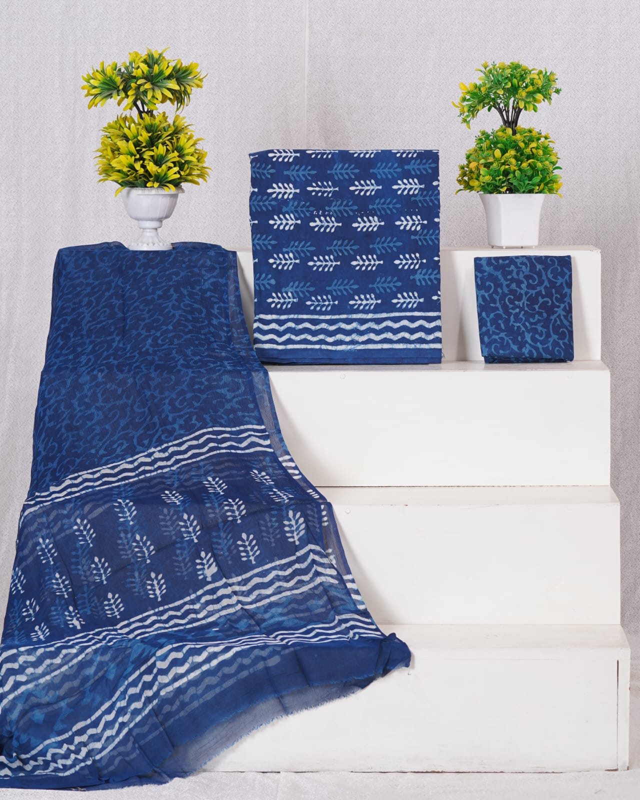 Hand Block Printed Pure Cotton Unstitched Suit With Chiffon Dupatta