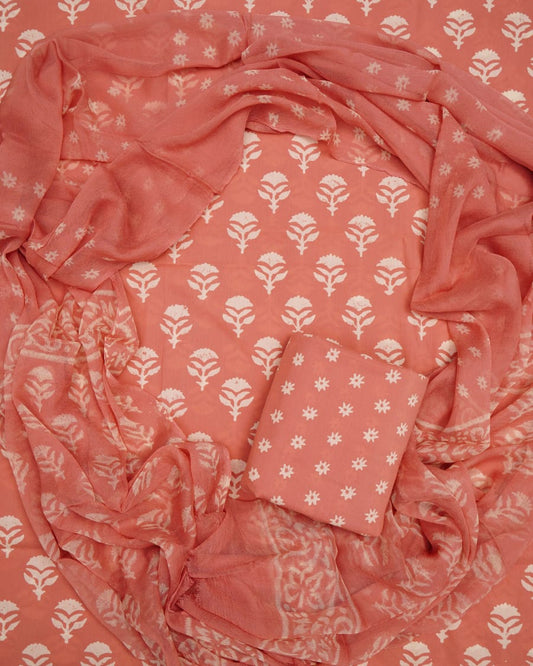 Hand Block Printed Pure Cotton Unstitched Suit With Chiffon Dupatta