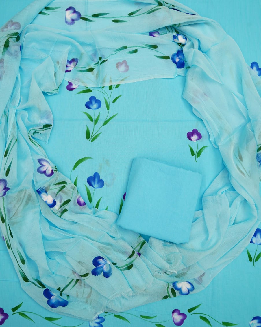 Hand Printed Pure Cotton Unstitched Suit With Chiffon Dupatta