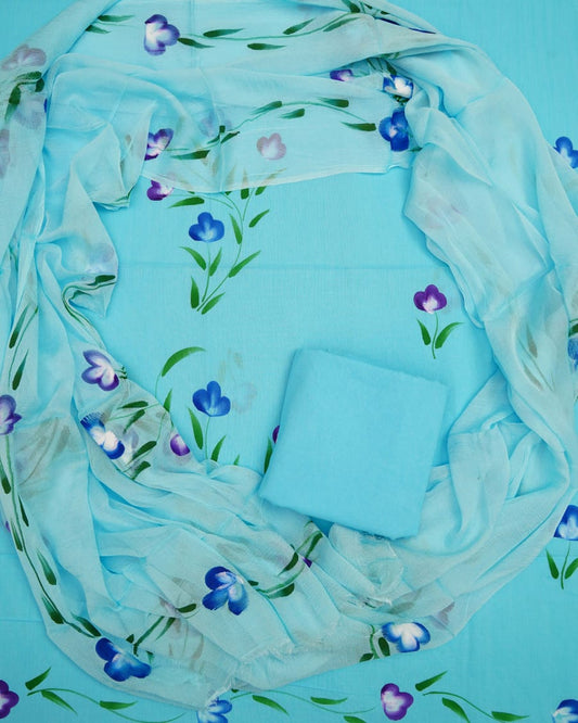Hand Printed Pure Cotton Unstitched Suit With Chiffon Dupatta