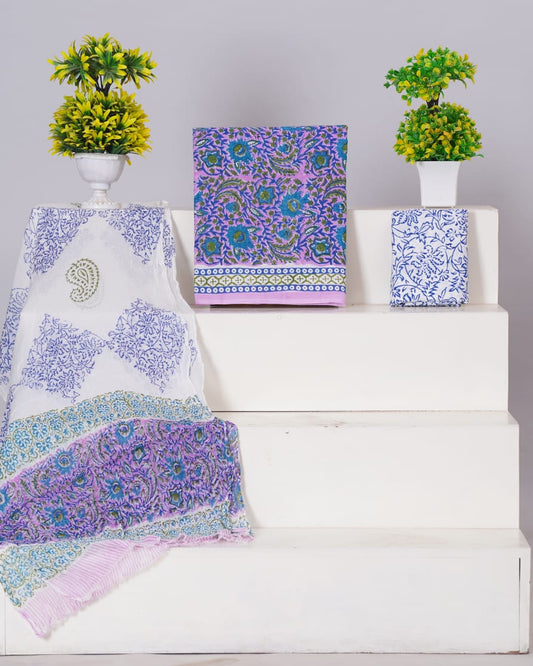 Hand Block Printed Pure Cotton Unstitched Suit With Chiffon Dupatta