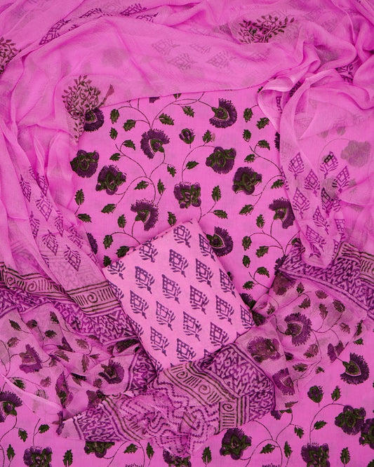 Hand Printed Pure Cotton Unstitched Suit With Chiffon Dupatta