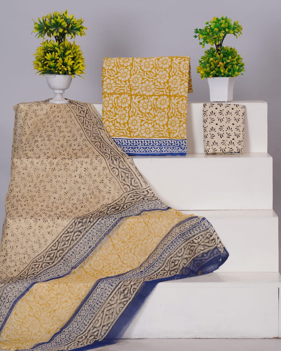 Hand Block Printed Pure Cotton Unstitched Suit With Chiffon Dupatta