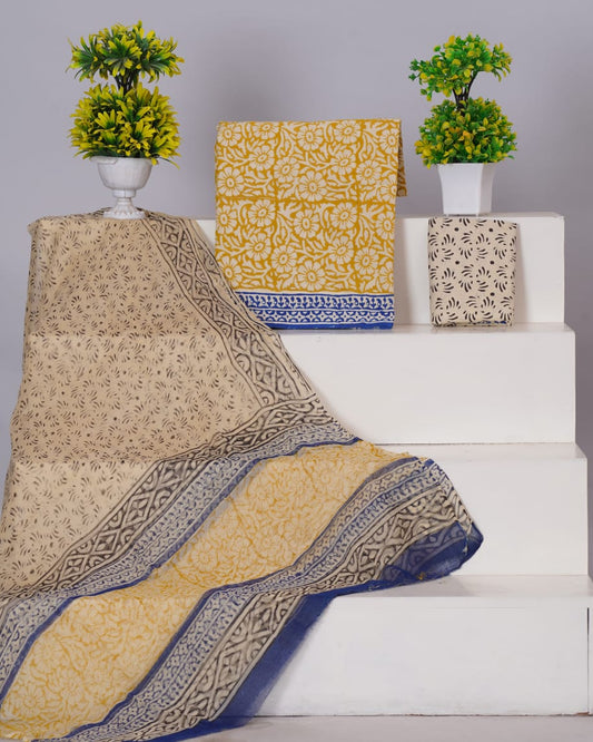 Hand Block Printed Pure Cotton Unstitched Suit With Chiffon Dupatta