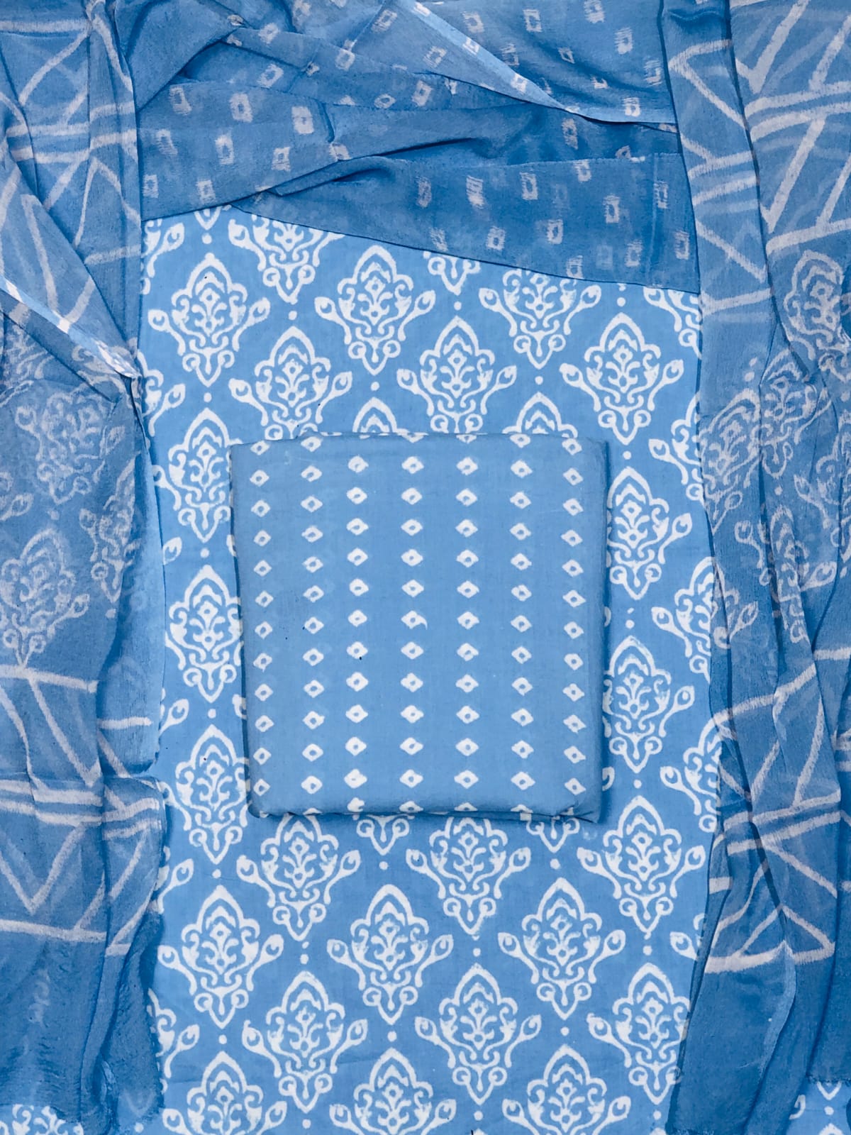 Hand Block Printed Pure Cotton Unstitched Suit With Chiffon Dupatta