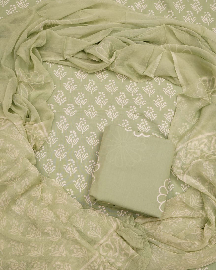 Hand Block Printed Pure Cotton Unstitched Suit With Chiffon Dupatta