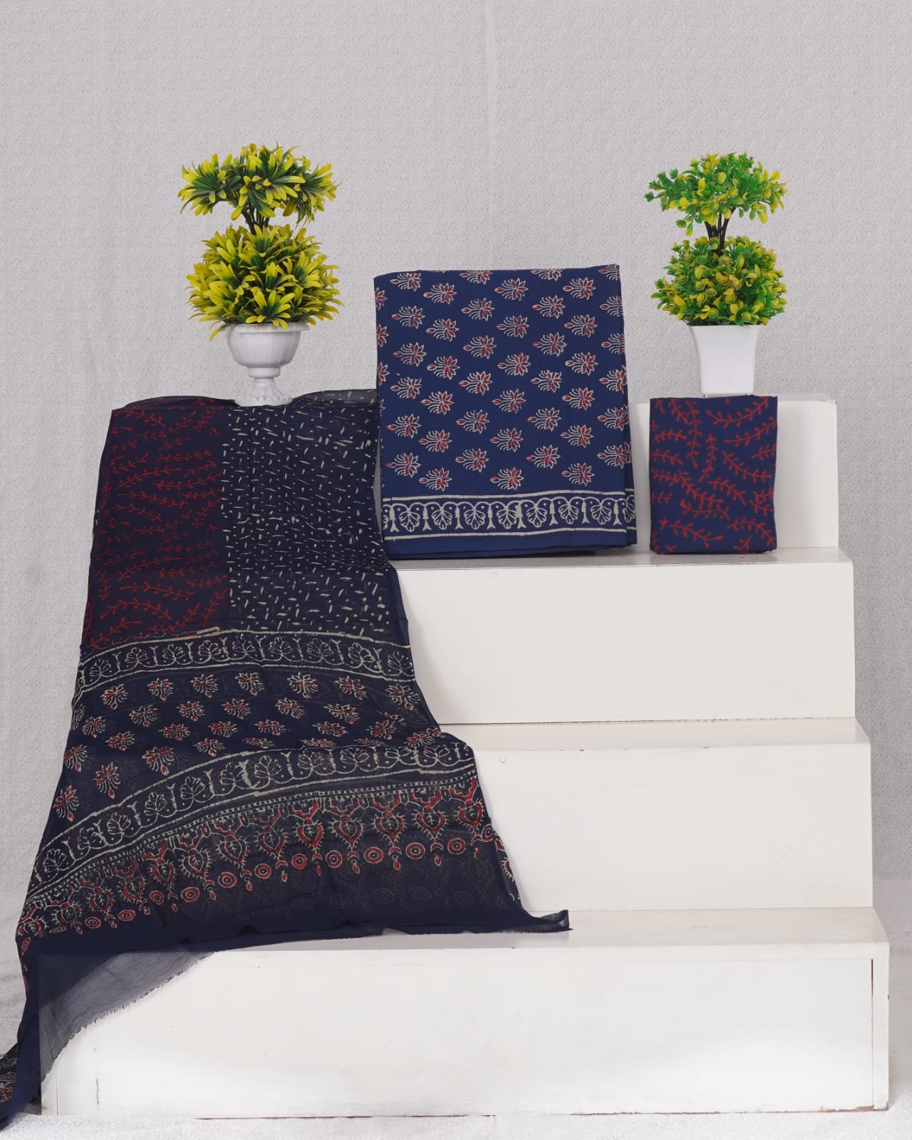 Hand Block Printed Pure Cotton Unstitched Suit With Chiffon Dupatta