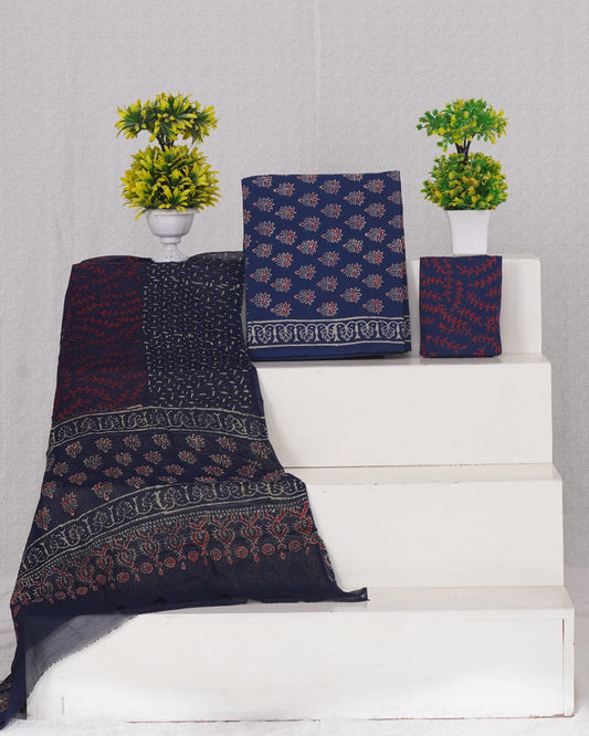 Hand Block Printed Pure Cotton Unstitched Suit With Chiffon Dupatta