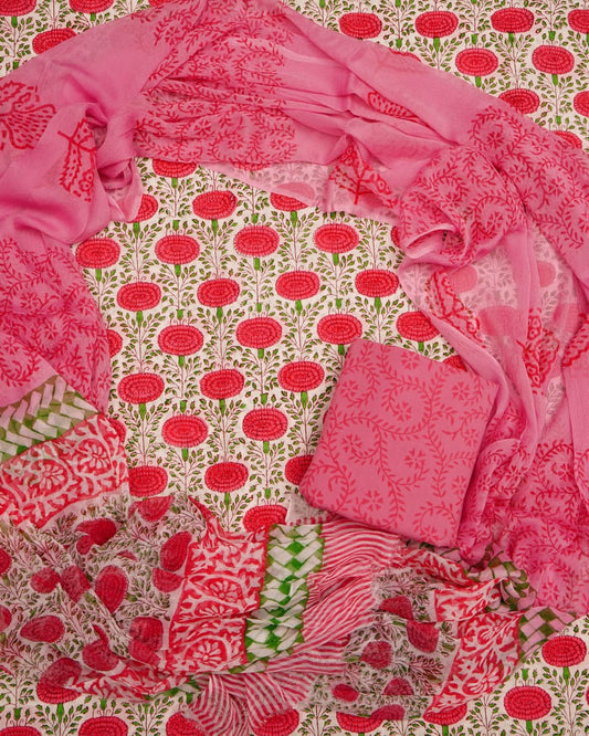 Hand Block Printed Pure Cotton Unstitched Suit With Chiffon Dupatta