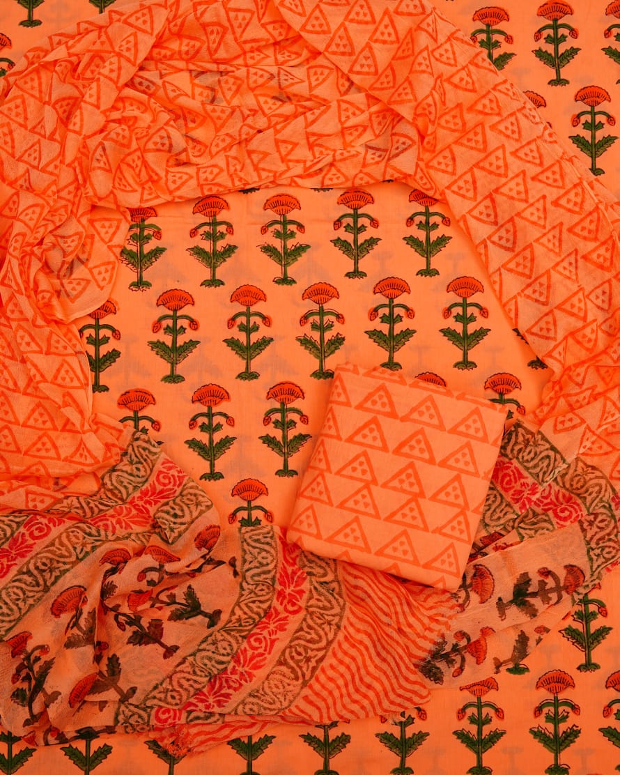 Hand Block Printed Pure Cotton Unstitched Suit With Chiffon Dupatta