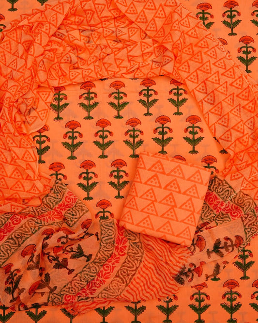 Hand Block Printed Pure Cotton Unstitched Suit With Chiffon Dupatta