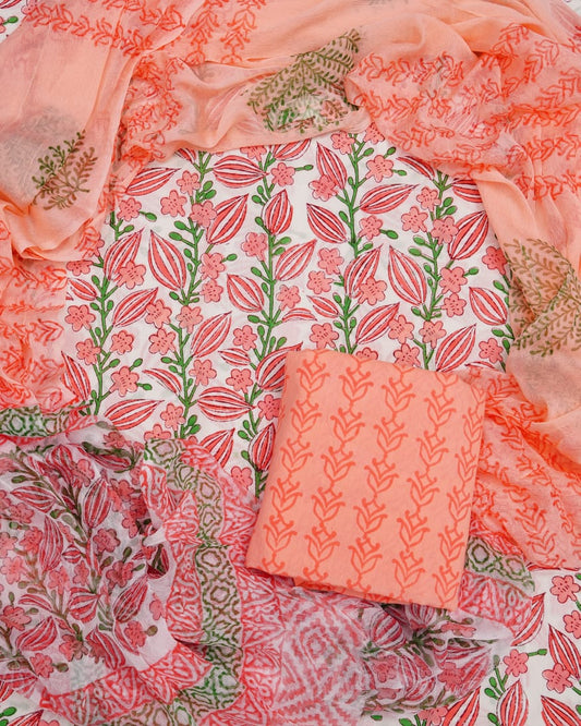 Hand Block Printed Pure Cotton Unstitched Suit With Chiffon Dupatta