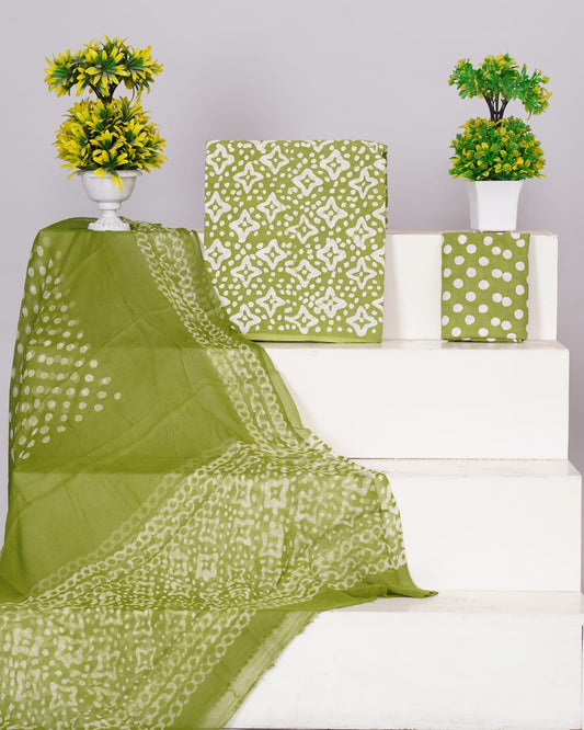 Hand Block Printed Pure Cotton Unstitched Suit With Chiffon Dupatta